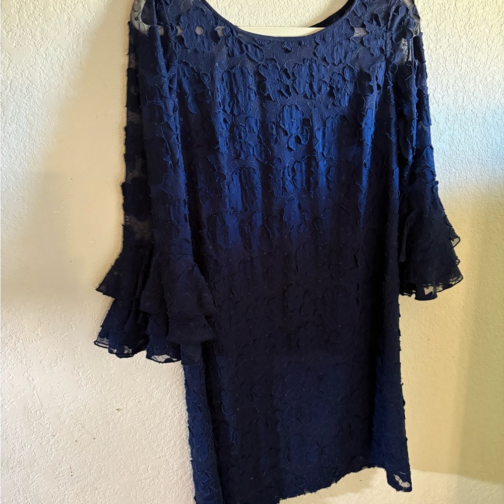 Jessica Howard Blue Ruffled Sheath Dress with Bell Sleeves